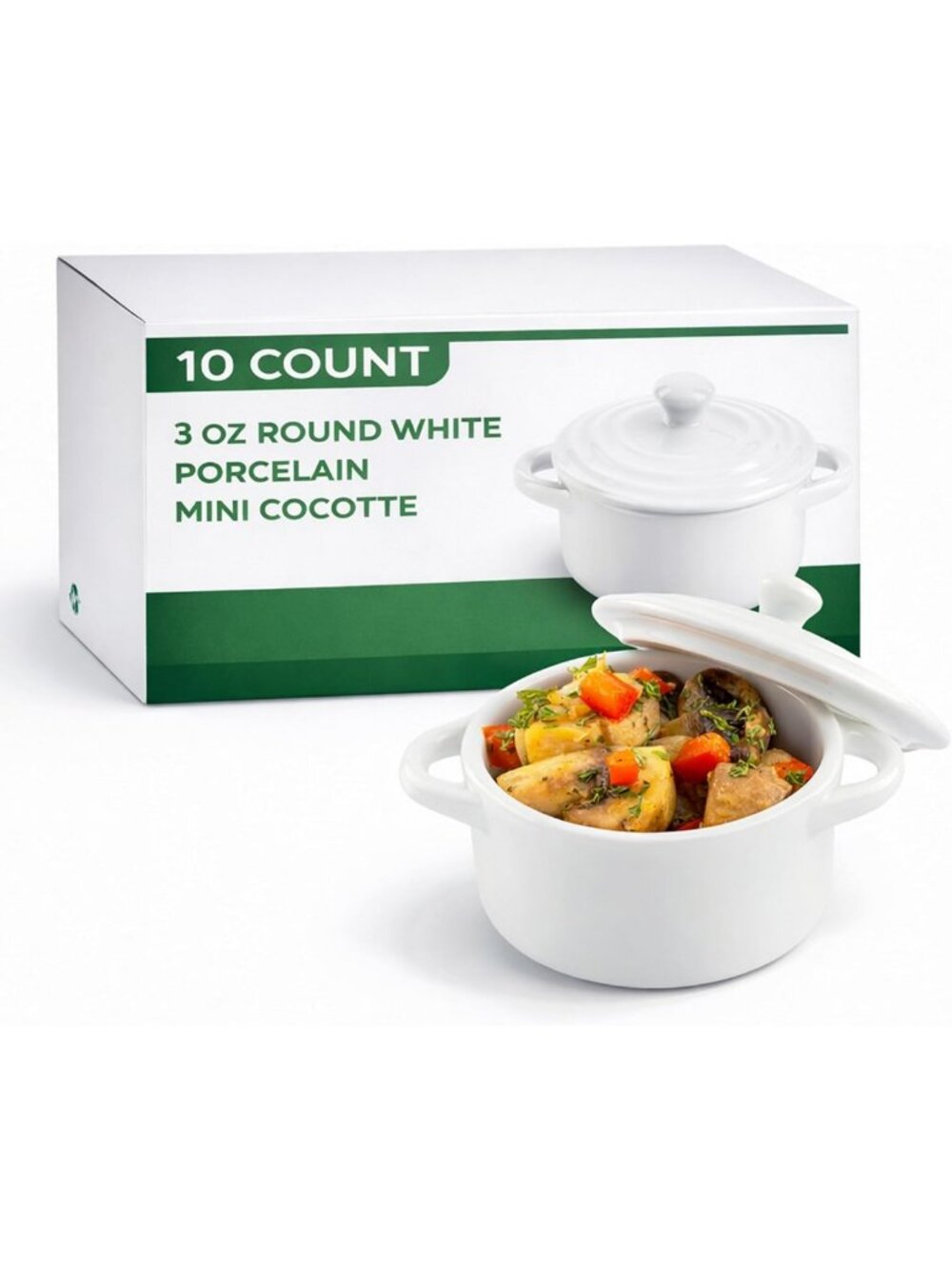 Oven-Safe Mini Cocotte Set - 3 Ounce White Porcelain Dishes with Lid, Handles